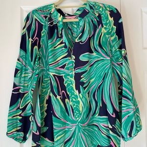 Lilly Pulitzer Tiger Palm Elsa silk blouse.
